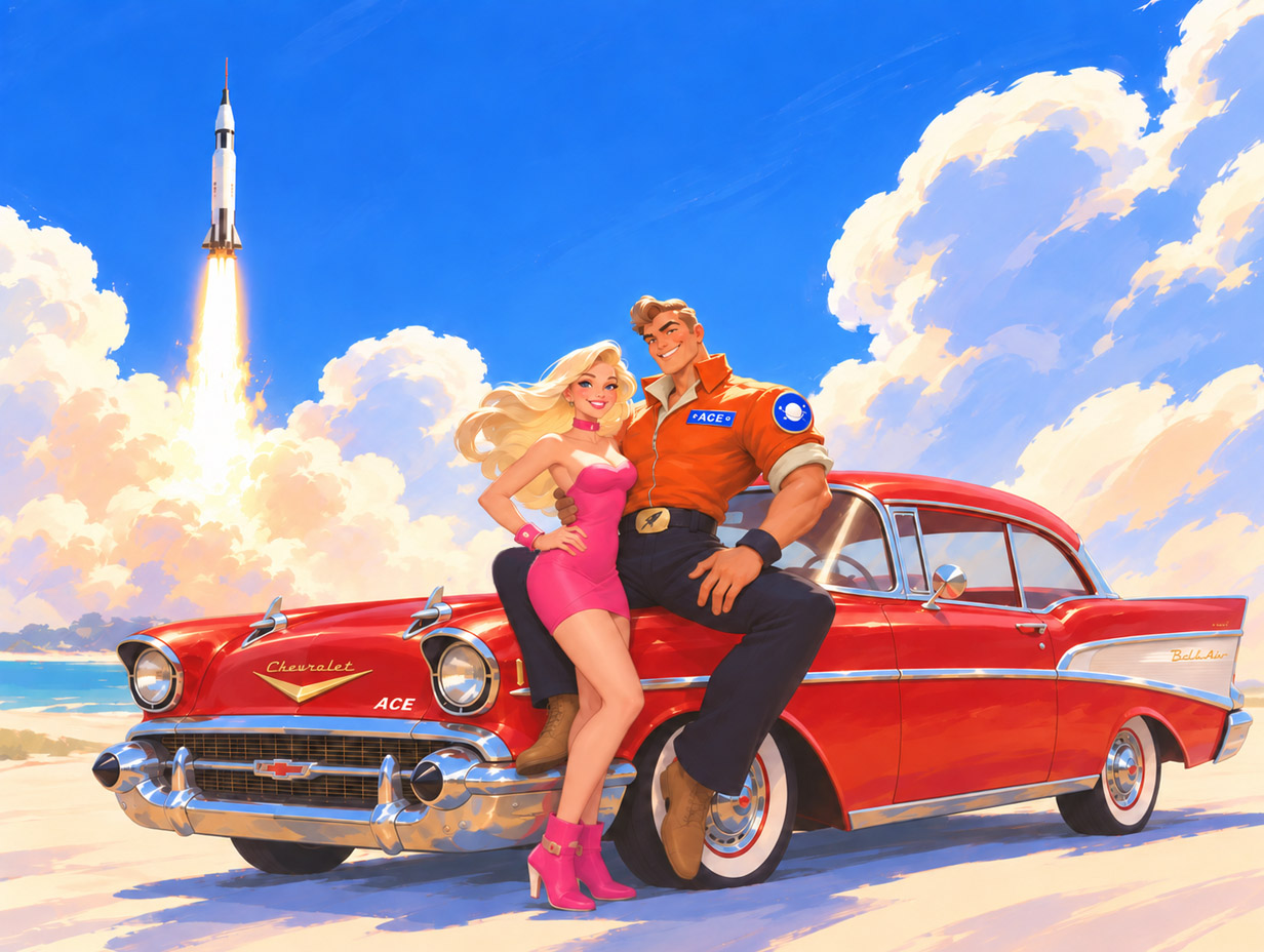 Ilustración original de Ace y Stella junto al Chevy rojo